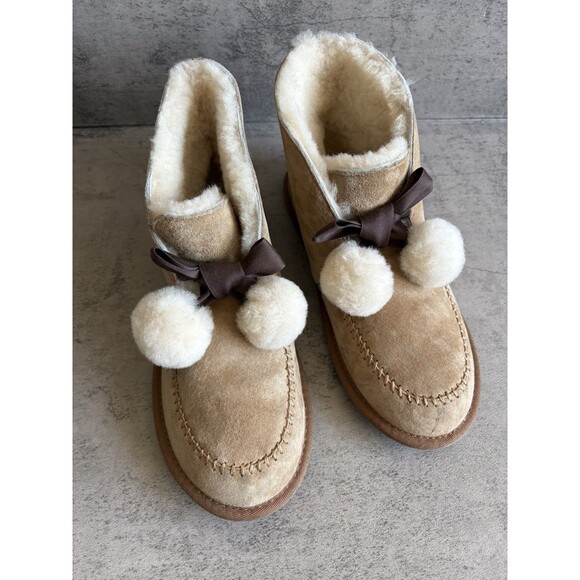 UGG Kallen Brown Chestnut Suede Pom Pom Bow Leather Slippers Women’s 8 WARM - Picture 4 of 7